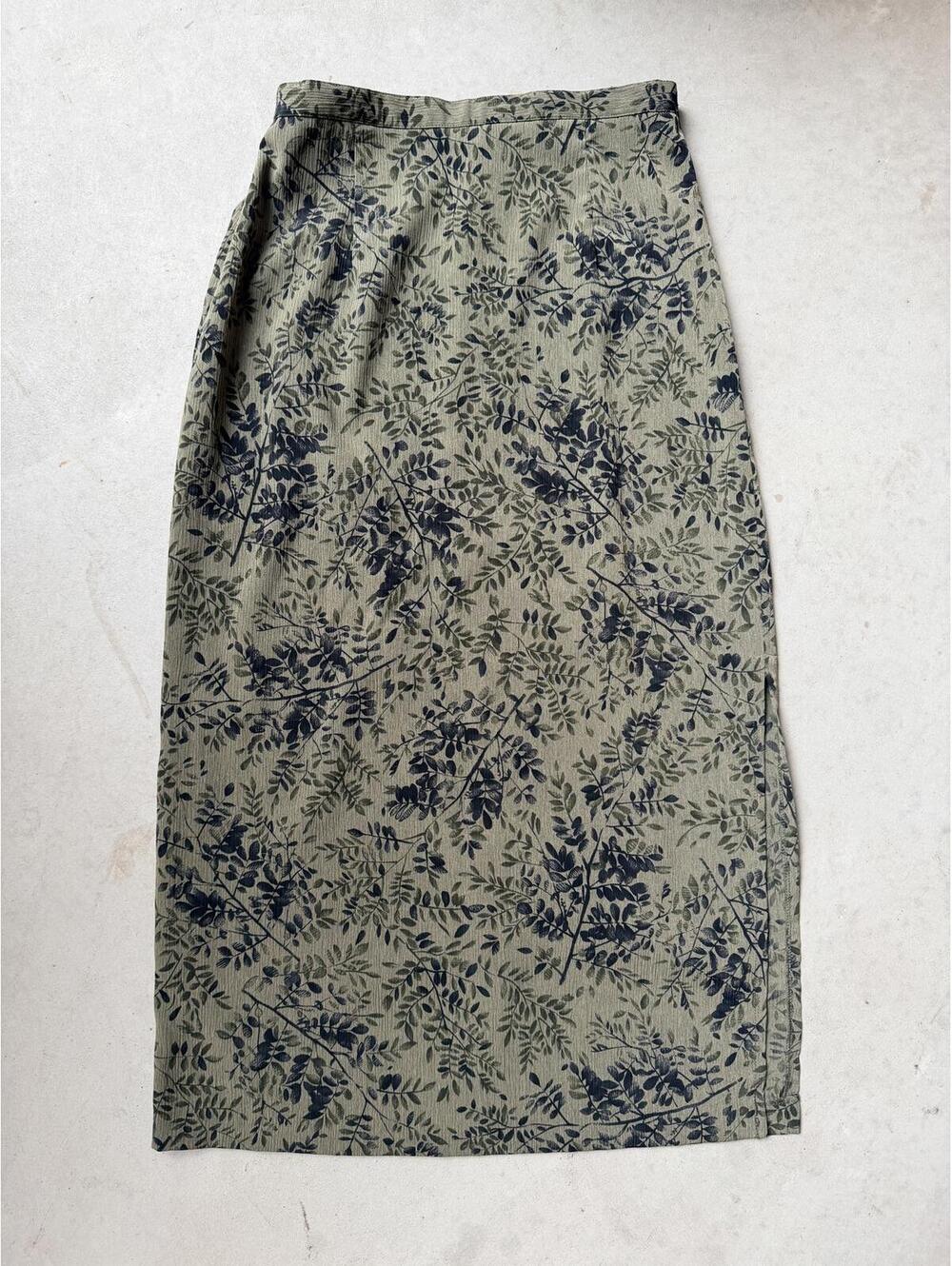 Fall Midi Skirt with Leaf Print and Side Slit 30" Waist